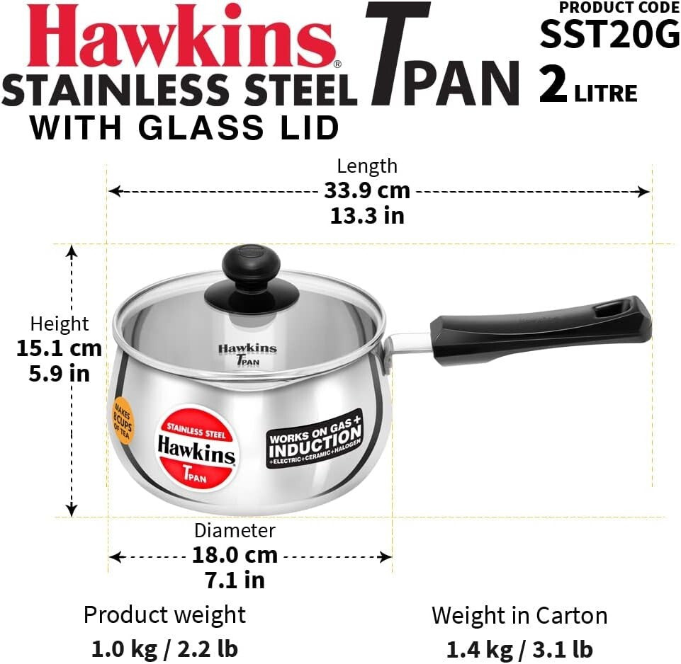 Hawkins Futura Steel Tea Pan with Glass Lid, 2.0 Litre Capactiy, Silver